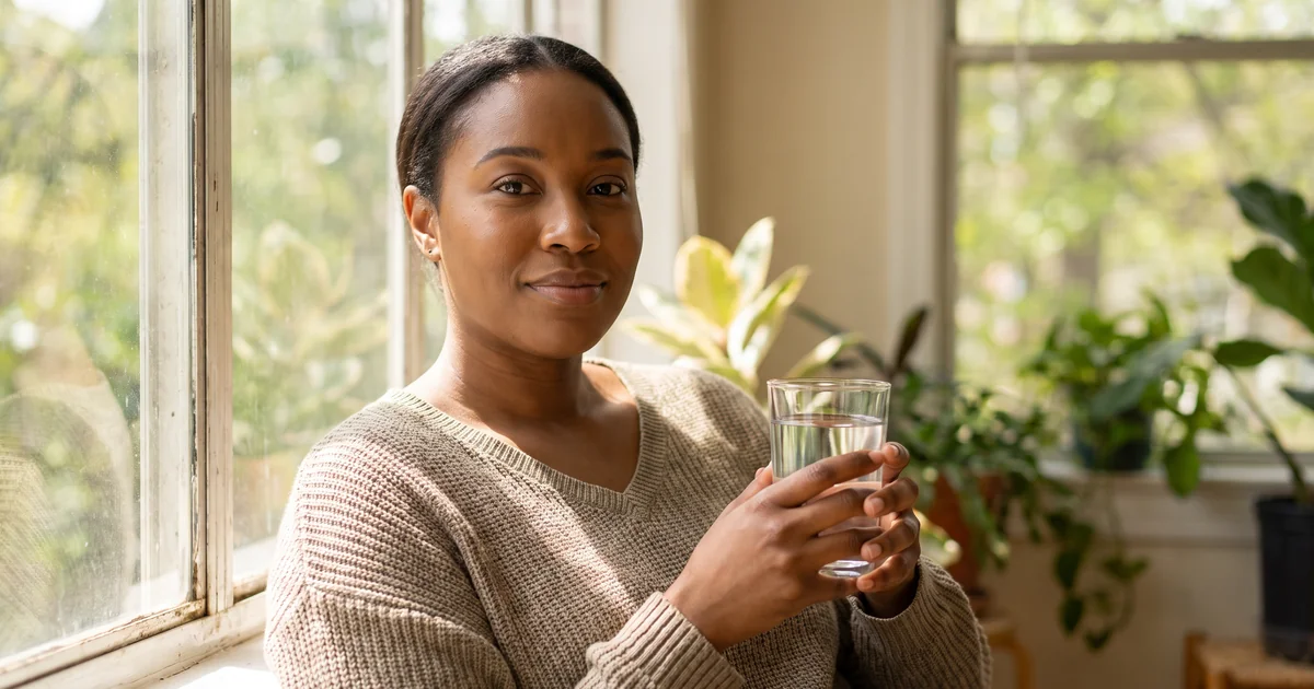 A woman holds a glass of water by a sunlit window, supporting her care alongside IV hydration therapy in Marietta, GA.