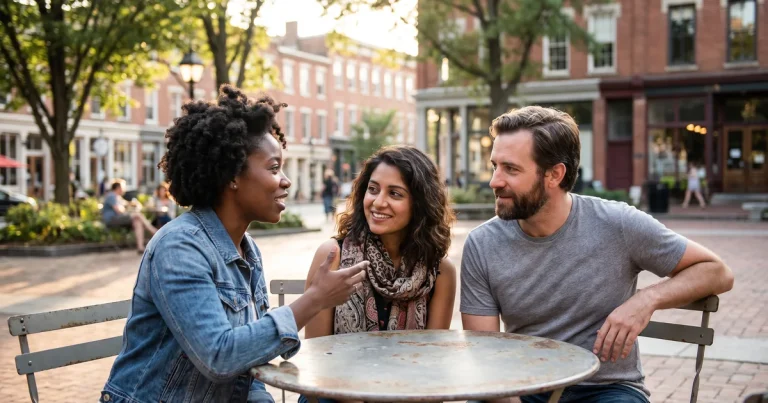 iv ketamine vs spravato for depression near me in marietta ga Three friends talk and laugh at an outdoor cafe table, weighing options like IV ketamine and SPRAVATO for depression in Marietta, GA.