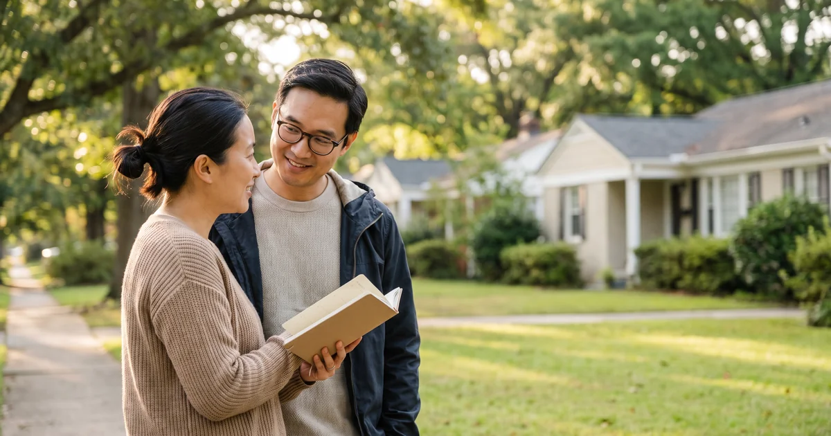 A smiling couple reviews a planner together on a sunny sidewalk, mapping out transportation and recovery time for ketamine treatment in Marietta, GA.