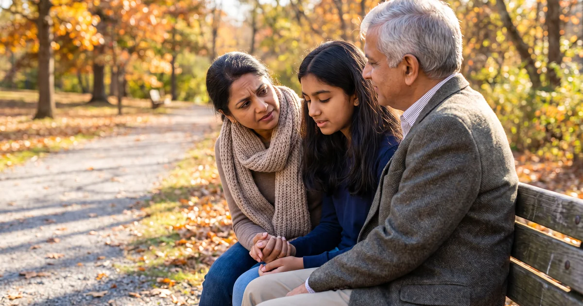 A mother and father comfort their teenage daughter on a park bench in autumn, recognizing signs of OCD in Marietta, GA.